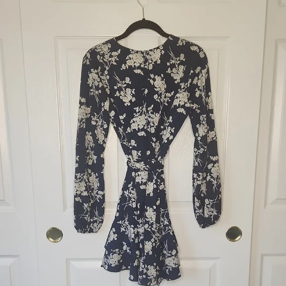 Navy Dark Blue Floral Flirty Faux Wrap Fabric Belt Long Sleeve Dress Size M - Picture 9 of 11